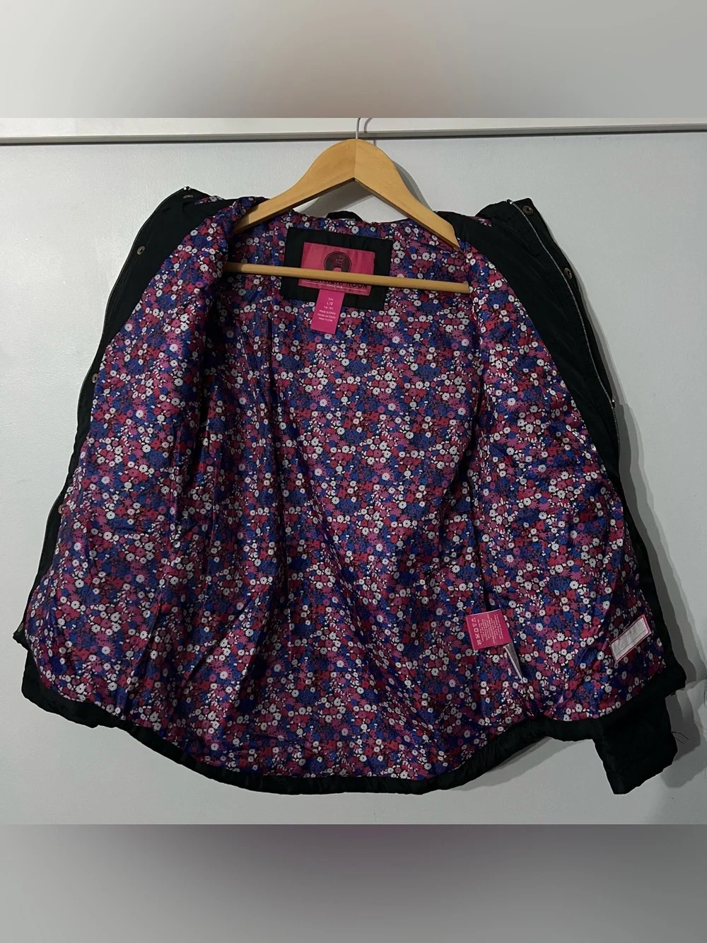 Weatherproof Girl’s L 14/16 Black Quilted Hooded Jacket Floral Lined Pockets